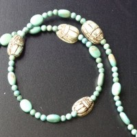African Turquoise in two shapes; 4 Egyptian Scarabs – Lucky Charms! length: 44 cm, weight: 18 g, prize: € 138,-
