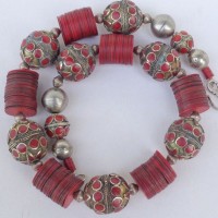 Ancient and traditional turkmenian Beads with red Inlays (Corals?)and red Bakelite Discs, originally from Europe, now from Ghana length: 55,5 cm, weight: 130 g, prize: € 170,-