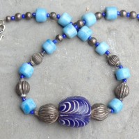 Large Glass Jatim Bead, Java; light blue Glass Beads from West Africa ; traditional Silver Elements from India length: 49 cm, weight: 86 g, prize: € 108.-