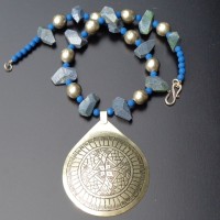 Large Silver Pendant from Morocco; matt Lapis Lazuli in free Shapes, blue Lava Beads, Italy; silver Beads from Ethiopia