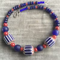 Ancient Chevron beads blue glass - and red coral beads