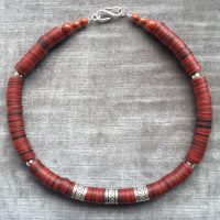 Red and some black bacelite discs and silver plated beads from Greece
