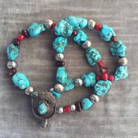 Navajo pendant, turquoise, coral and silverplated beads